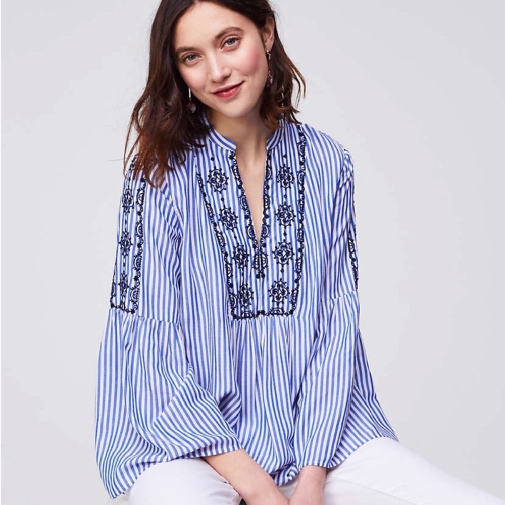 LOFT Striped Embroidered Bell Sleeve Blouse Sz XS